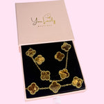 Load image into Gallery viewer, All Brown Marble &amp; Gold Clover Stainless Steel Jewelry Set: Necklace, Earrings, Bracelet

