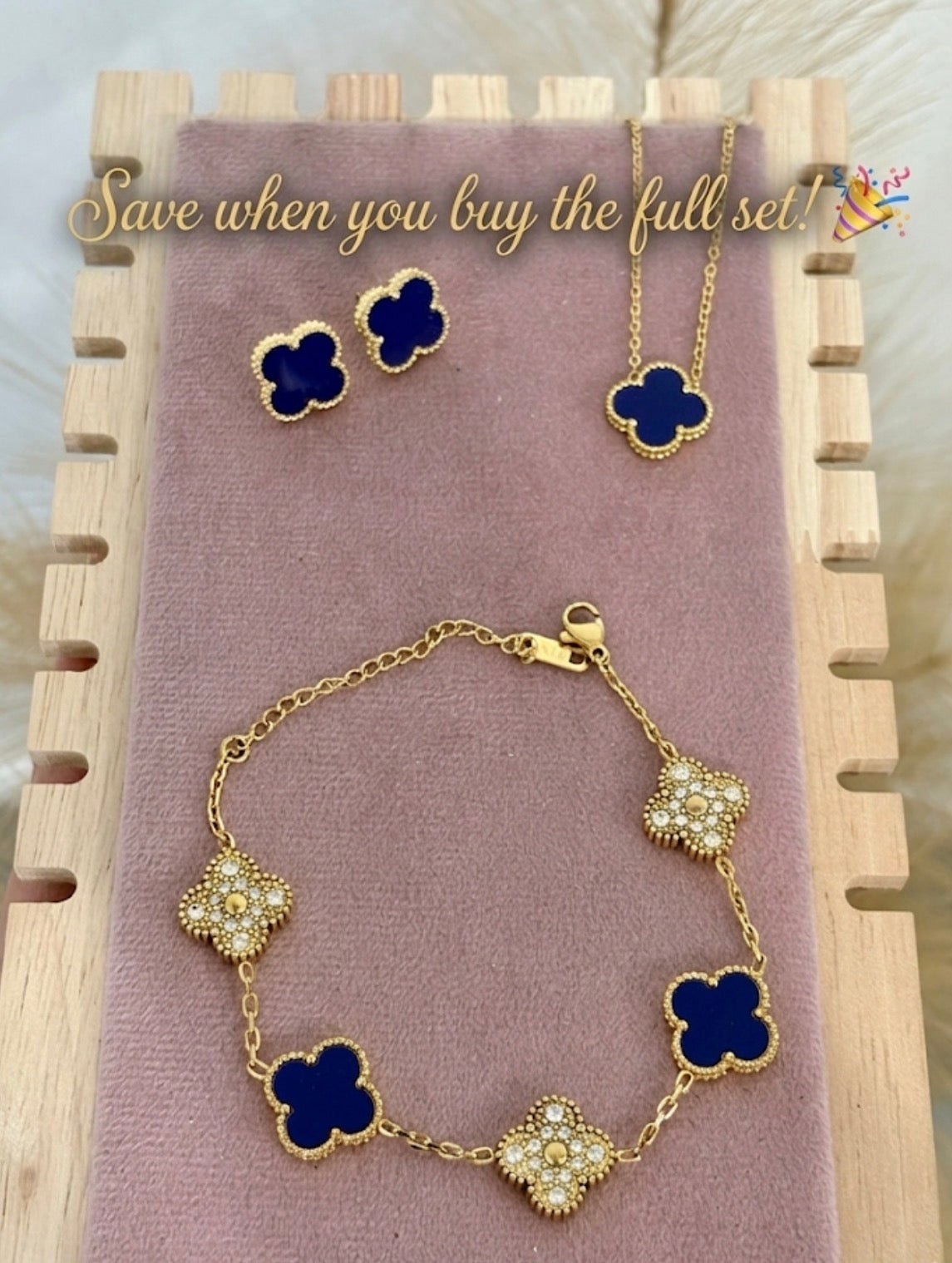 Navy Blue & Gold Rhinestone Clover Stainless Steel Jewelry Set: Necklace, Earrings, Bracelet