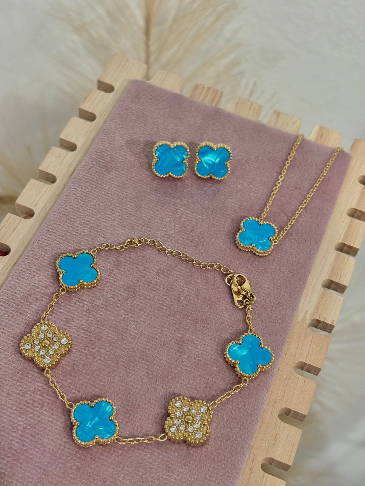 Ocean Blue Enamel & Gold Clover Stainless Steel Jewelry Set: Necklace, Earrings, Bracelet