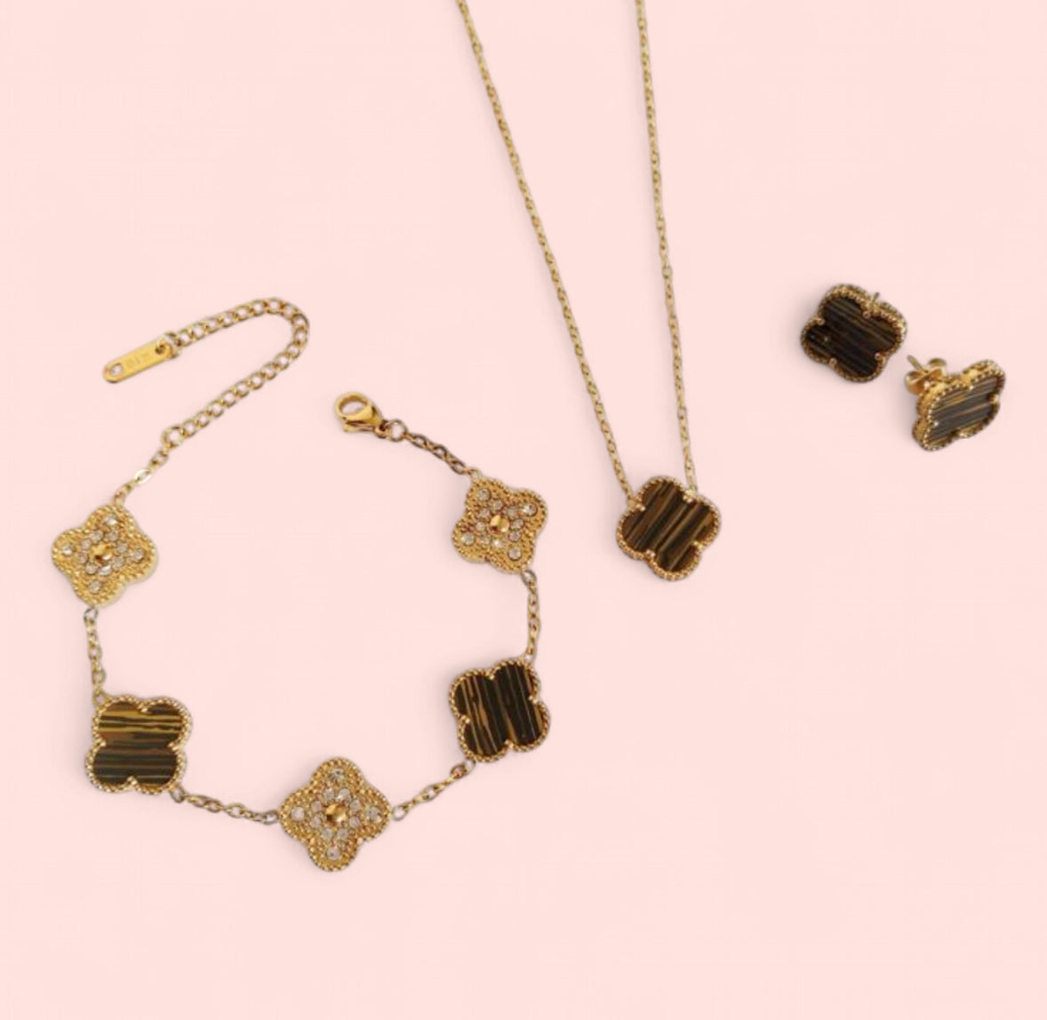 Brown & Gold Clover Jewelry Set: Necklace, Earrings, and Bracelet