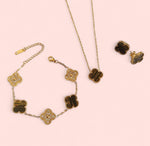 Load image into Gallery viewer, Brown &amp; Gold Clover Jewelry Set: Necklace, Earrings, and Bracelet
