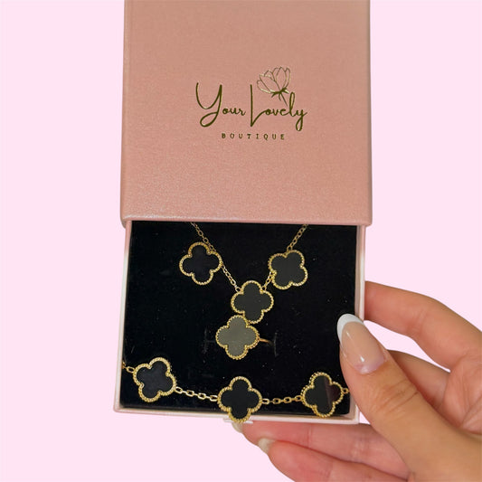 Gold Black Clover Stainless Steel Jewelry Set: Necklace, Earrings, Bracelet, Ring