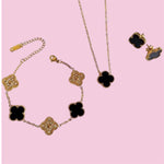 Load image into Gallery viewer, Black and Gold Clover Stainless Steel Jewelry Set: Necklace, Earrings, Bracelet
