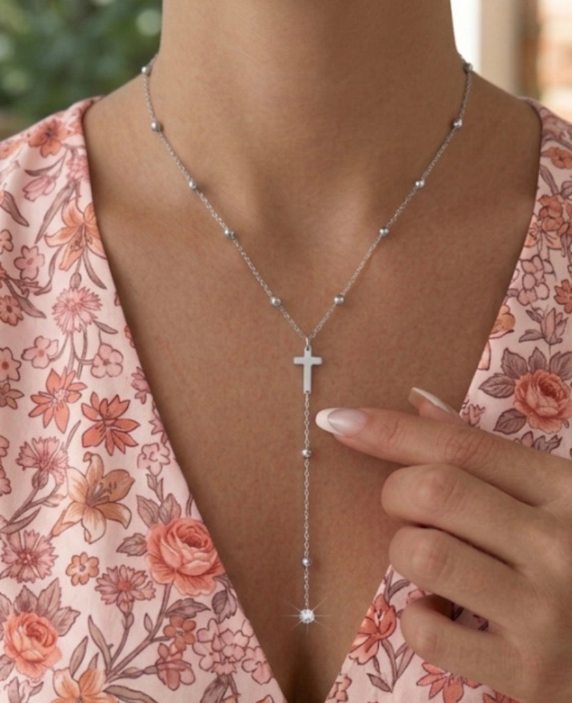 Dainty Rosary Necklace with Crystal Drop Stainless Steel: Gold, Silver