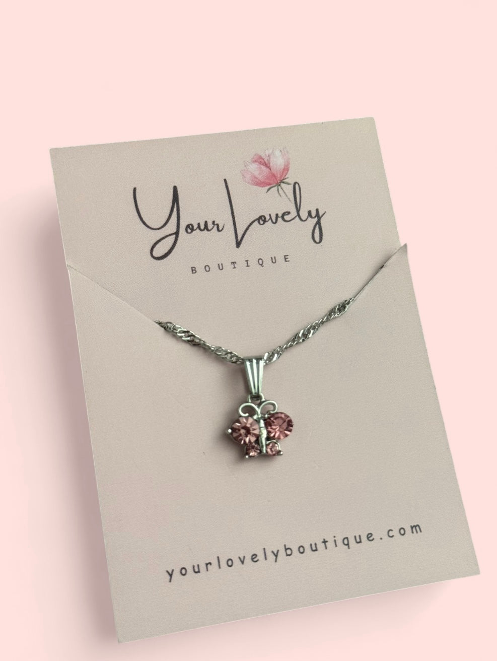 Silver Pink Butterfly Pendant Necklace