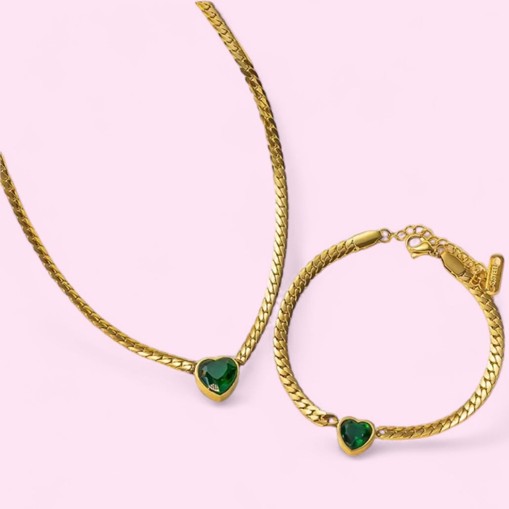 Gold Cuban Chain Heart Pendant Bracelet & Necklace in White and Green Stainless Steel