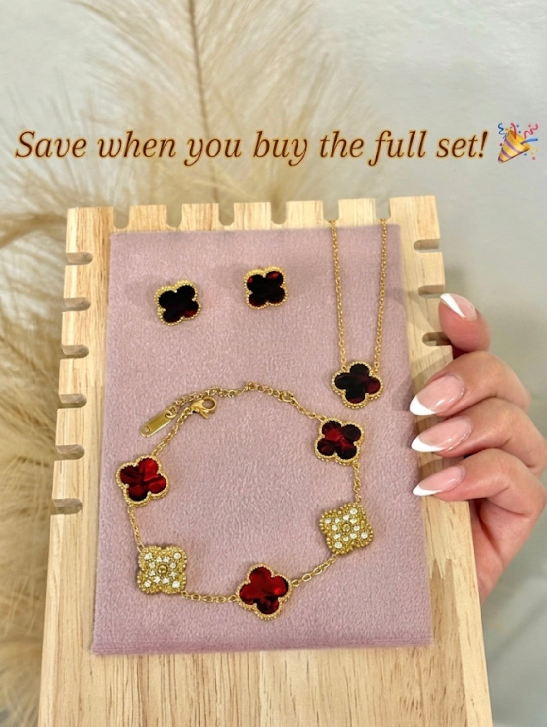 Deep Red Enamel & Gold Clover Stainless Steel Jewelry Set: Necklace, Earrings, Bracelet