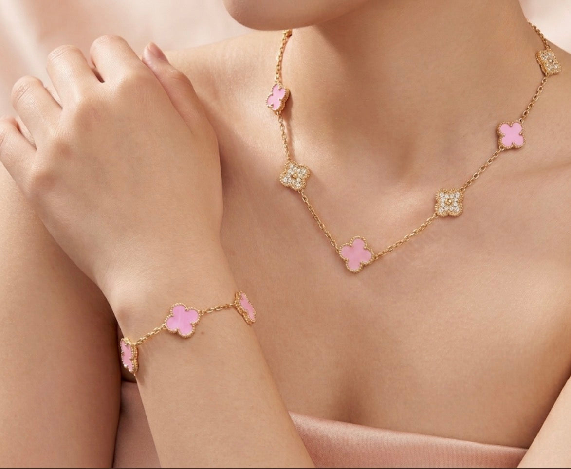 Baby Pink Mother of Pearl Clover Jewelry Collection - Choose 10-Clover Necklace, Bracelet (Stainless Steel)