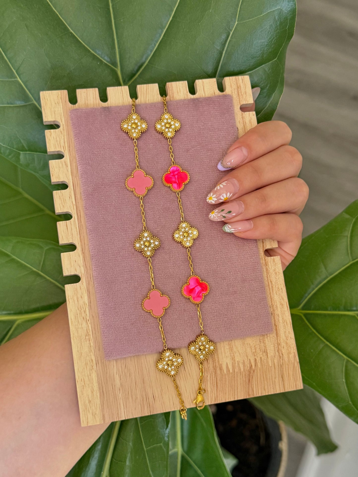 Pink Clover and Zirconia Stainless Steel Bracelet