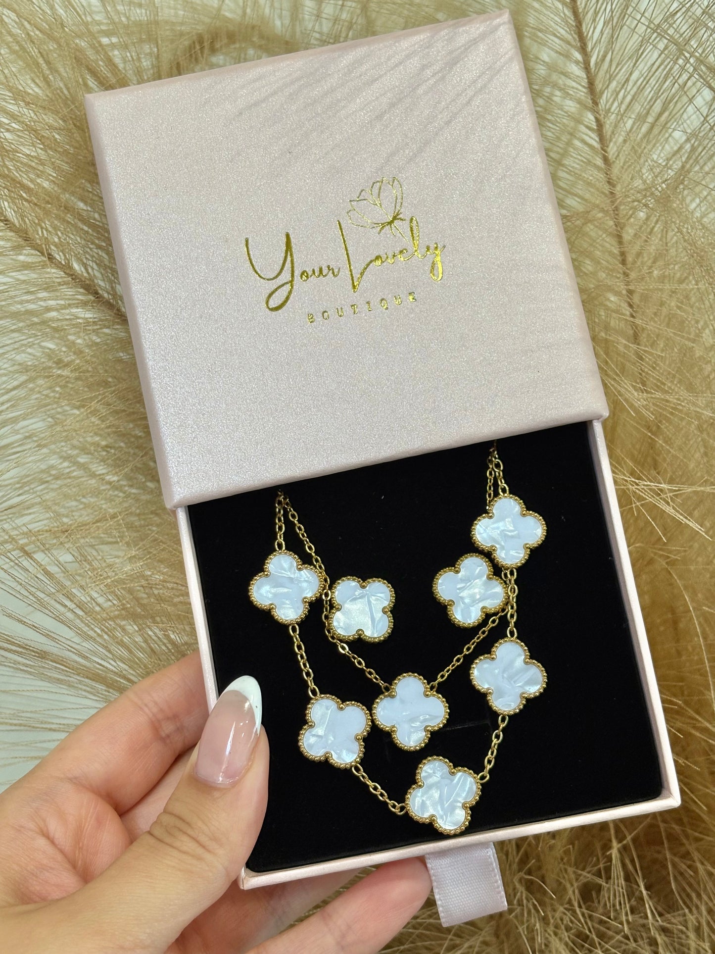 Mother Of Pearl White Clover Stainless Steel Jewelry Set: Necklace, Earrings, Bracelet