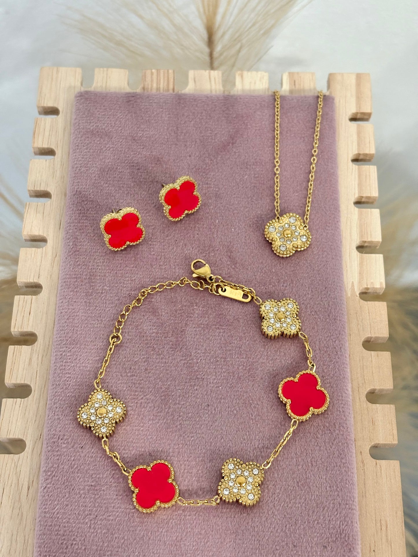 Vibrant Red and Gold Clover Stainless Steel Jewelry Set: Necklace, Earrings, Bracelet