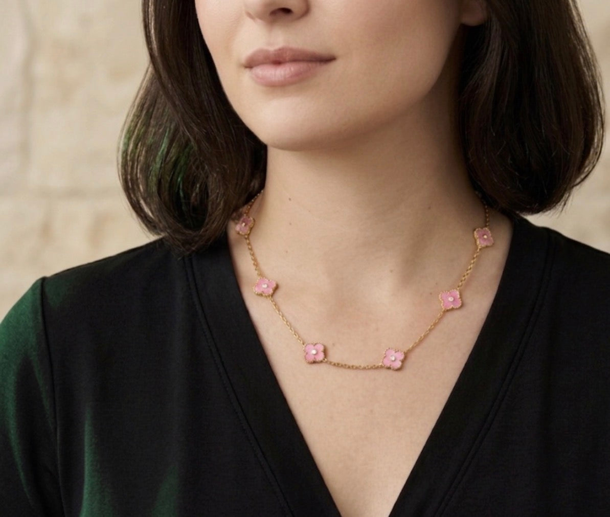 Pink Mini 7 Clover Rhinestone Center Stainless Steel Necklace