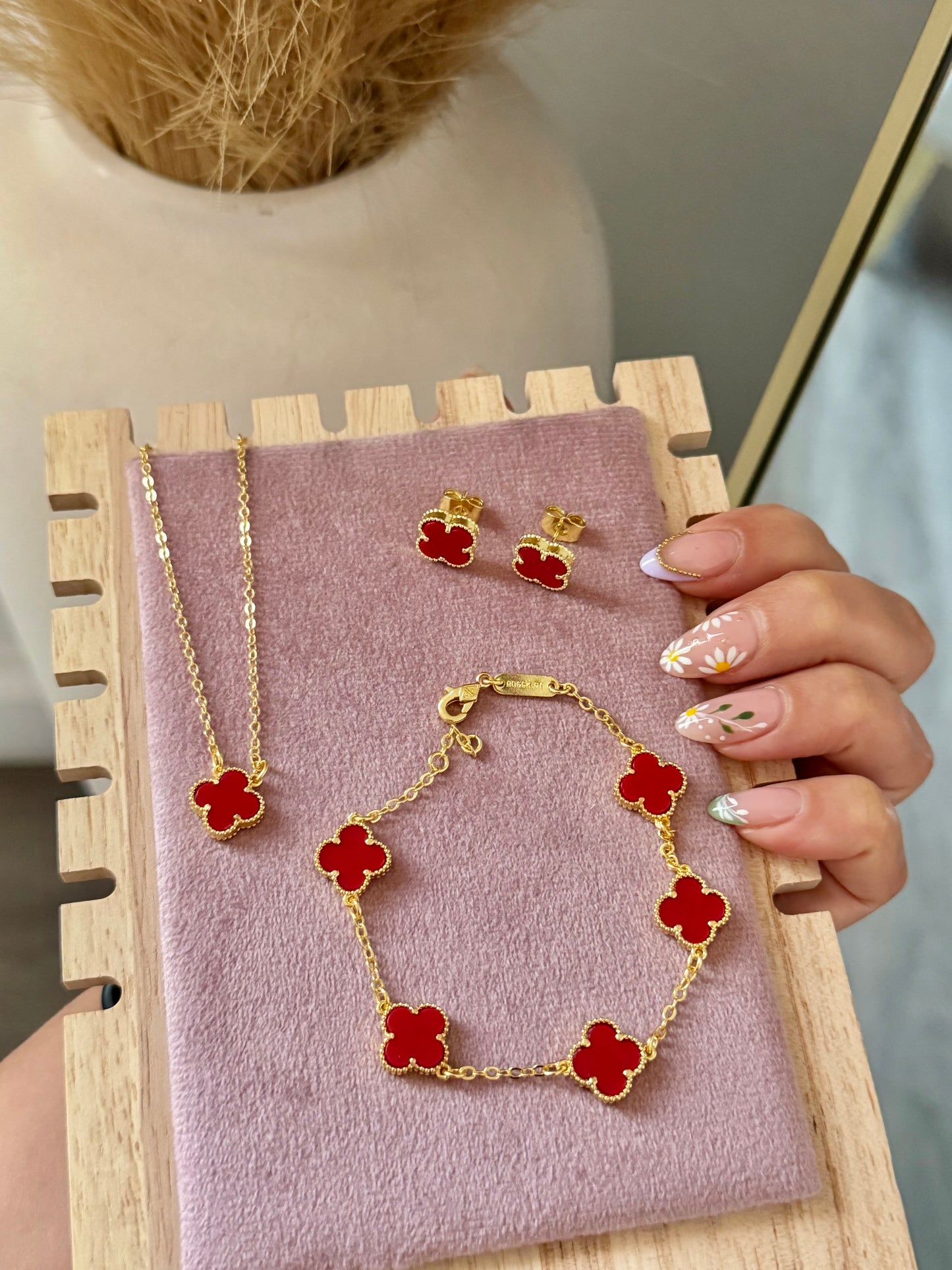 Gold Red Mini Clover Set: Necklace, Earrings, & Bracelet with Stamps