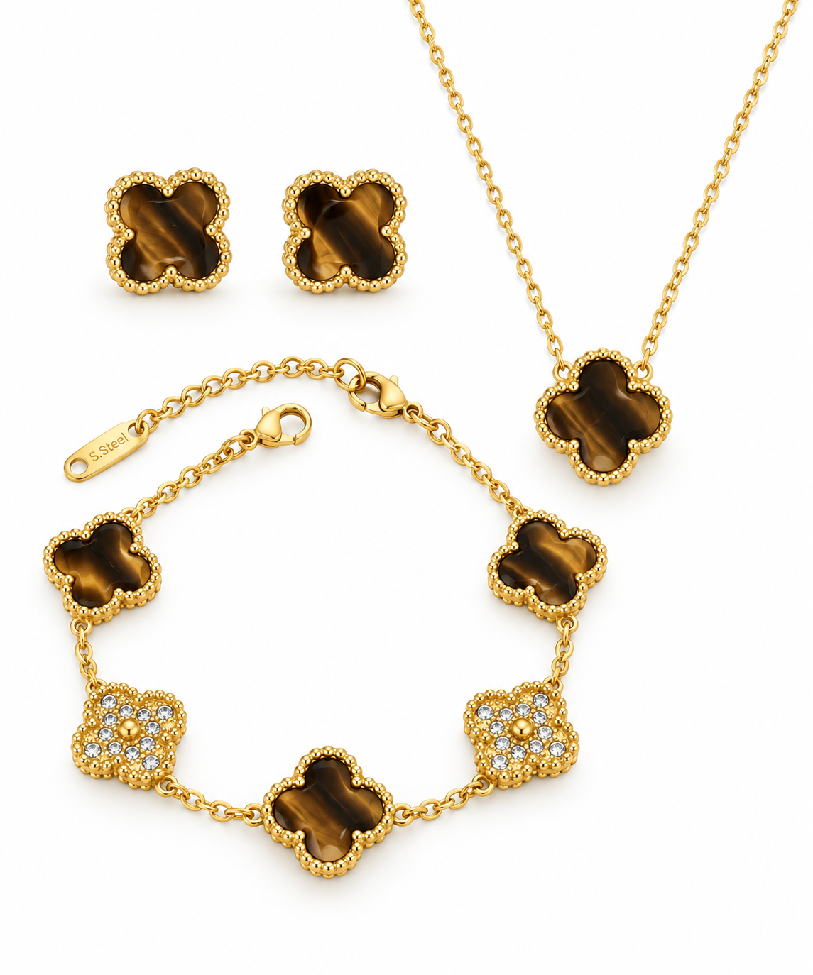 Brown Enamel & Gold Zirconia Clover Stainless Steel Jewelry Set: Necklace, Earrings, Bracelet