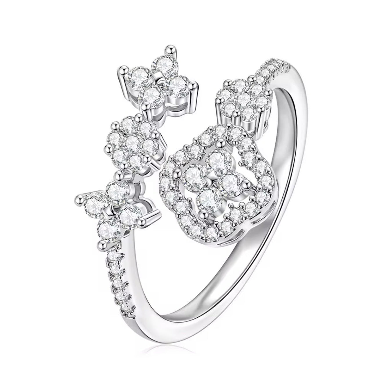 Sparkling Clover Cluster Moissanite Adjustable Ring – Gold Filled & White Gold Filled Open-Band Design