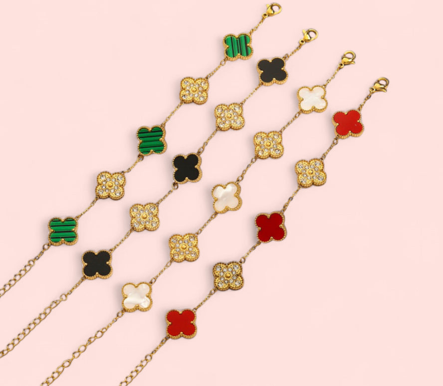 Gold Clover Stainless Steel Bracelets: Green, Red, White, and Black