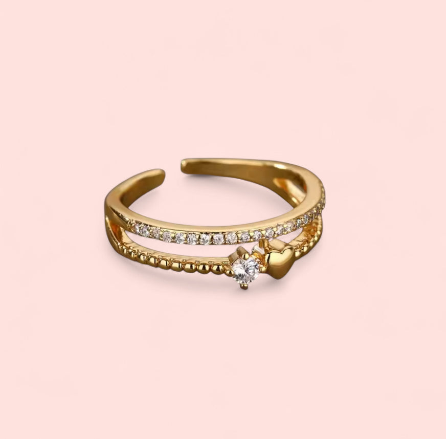 Brown Heart Double Rhinestone Stainless Steel Adjustable Ring