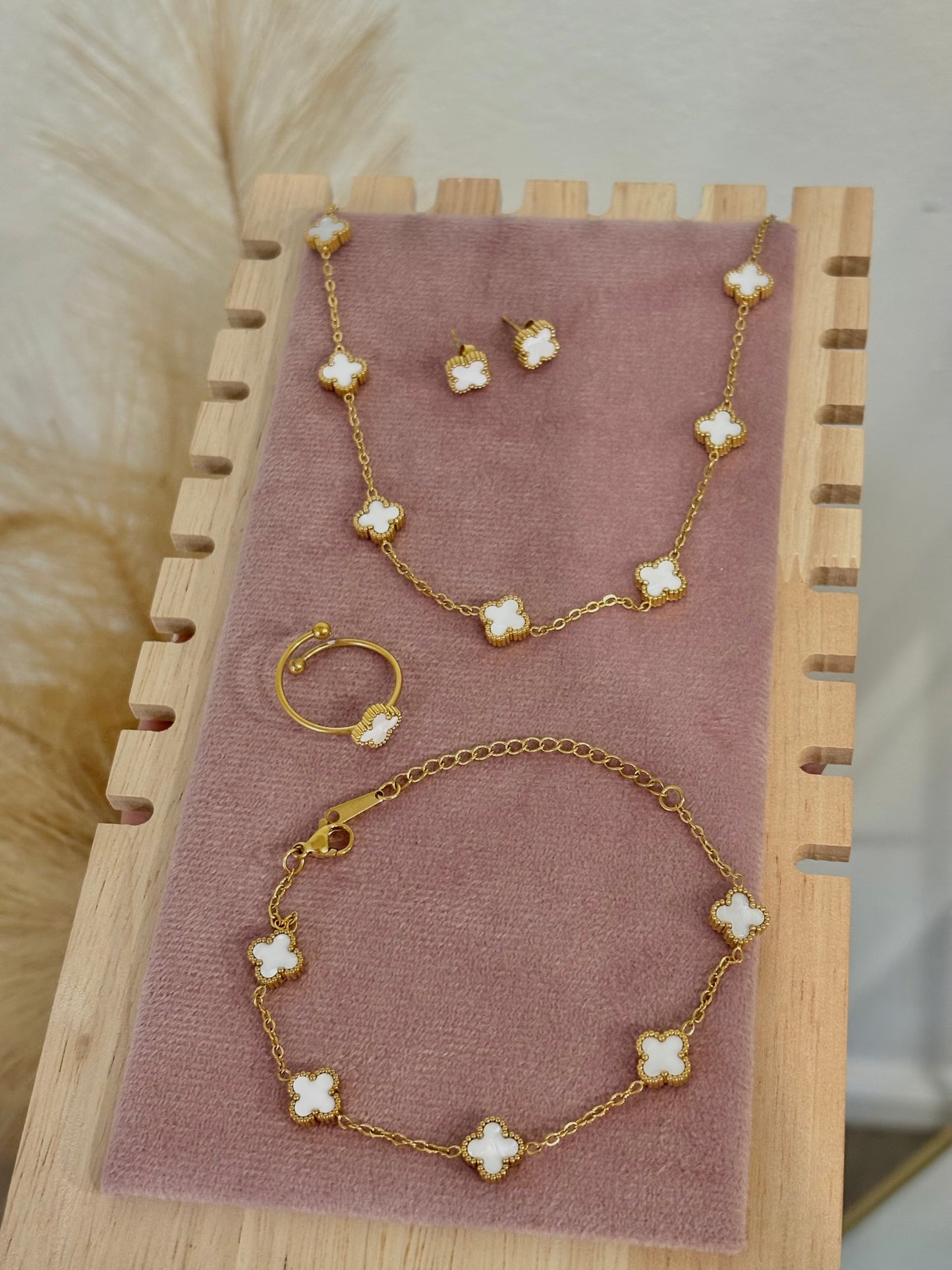 Mother Of Pearl White Baby Clover Stainless Steel Jewelry Set: Necklace, Earrings, Bracelet, Ring