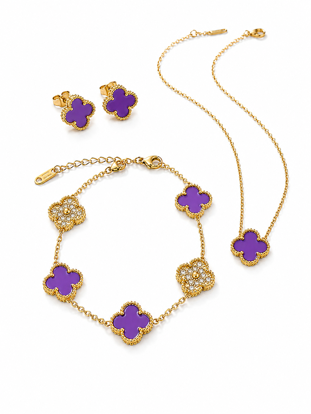 Violet Gold Rhinestones Clover Stainless Steel Jewelry Set: Necklace, Earrings, Bracelet