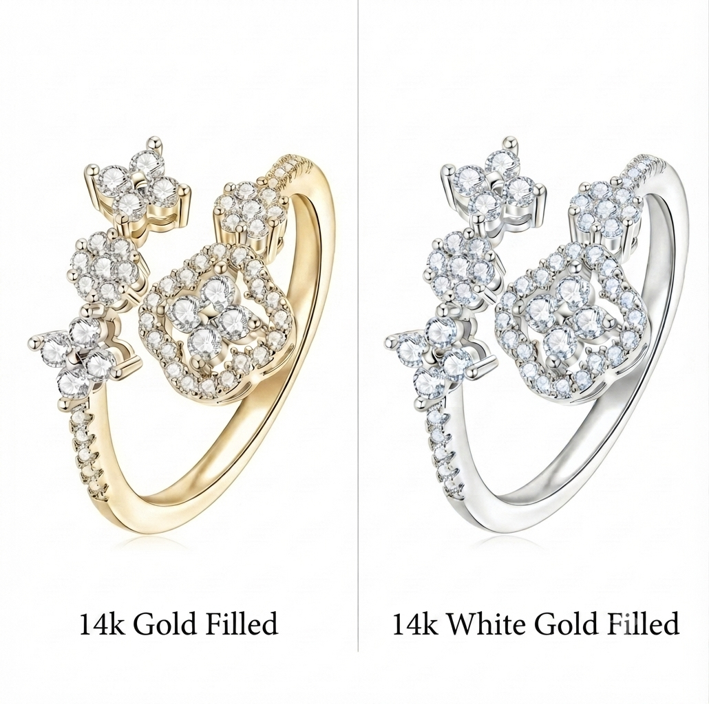 Sparkling Clover Cluster Moissanite Adjustable Ring – Gold Filled & White Gold Filled Open-Band Design
