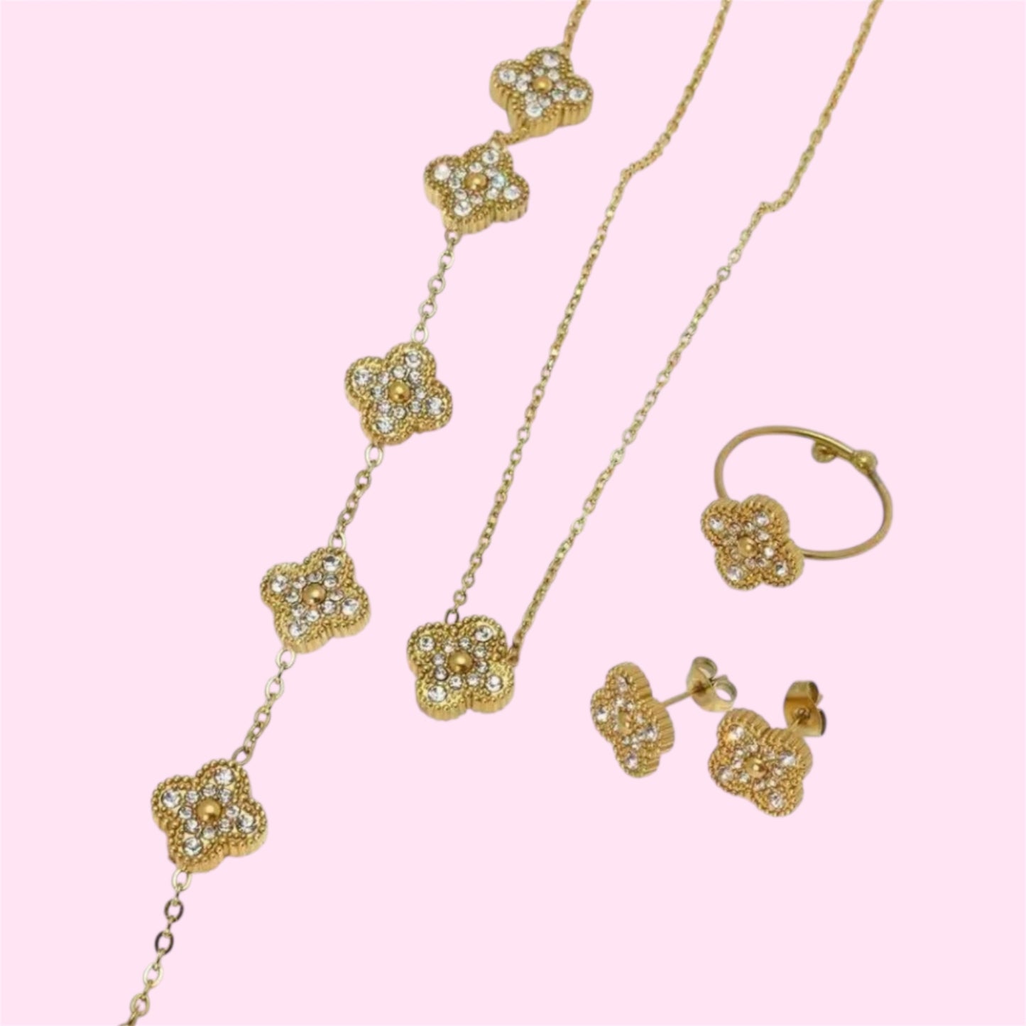 Gold Rhinestone Clover Stainless Steel Jewelry Set: Necklace, Earrings, Bracelet, Ring
