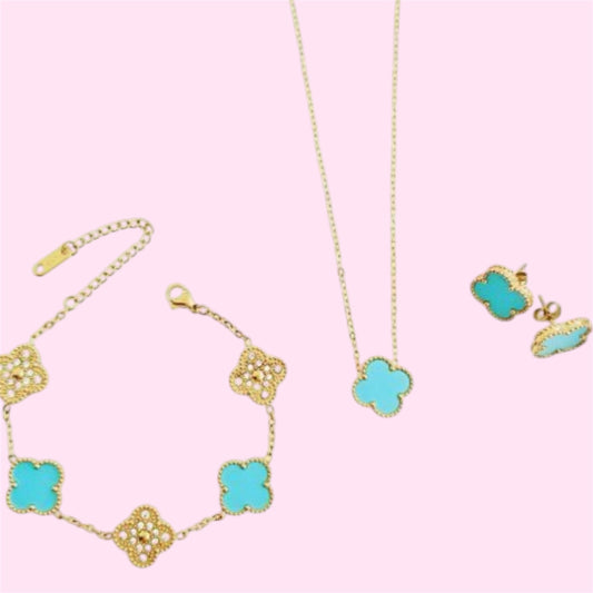 Tiffany Blue Clover Stainless Steel Jewelry Set: Necklace, Earrings, Bracelet