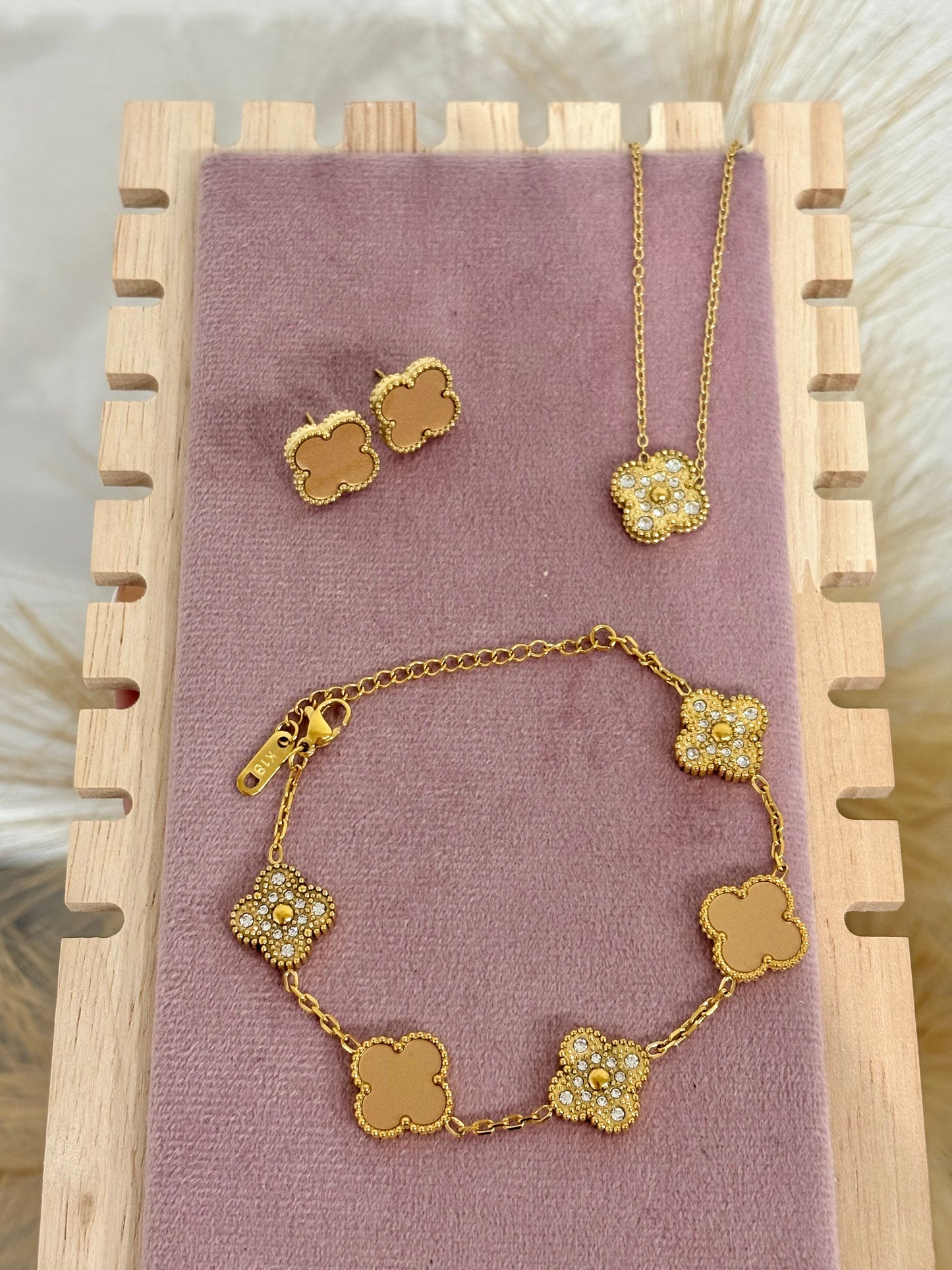 Mocha Brown & Gold Rhinestone Clover Stainless Steel Jewelry Set: Necklace, Earrings, Bracelet