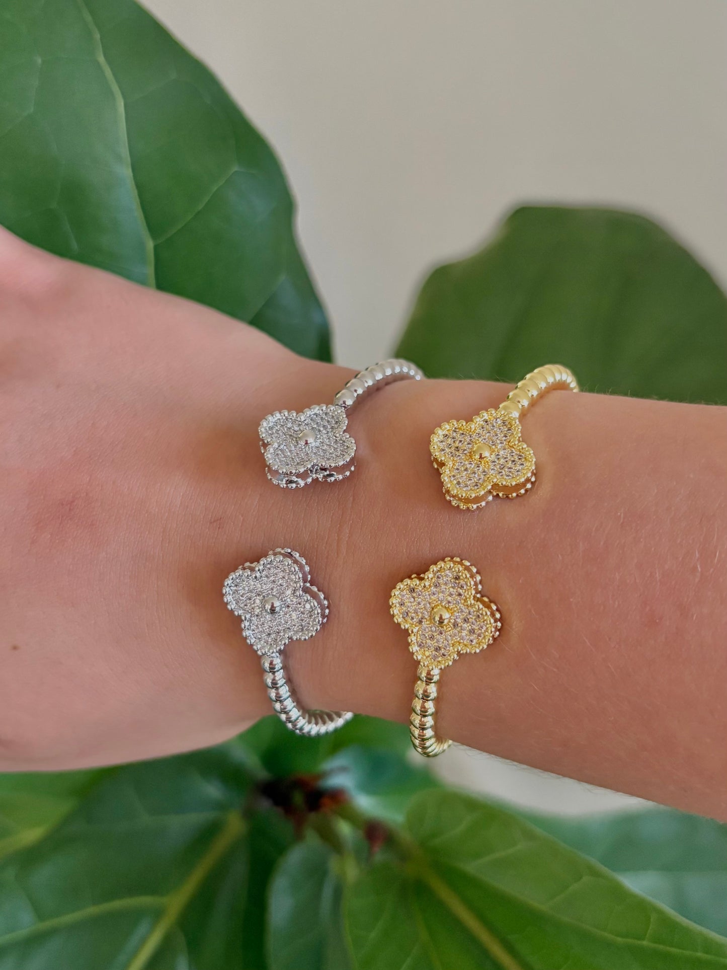 Clover Zirconia Cuff Bracelet: Gold & Silver