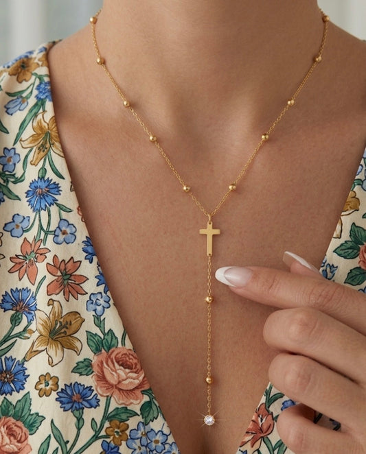 Dainty Rosary Necklace with Crystal Drop Stainless Steel: Gold, Silver