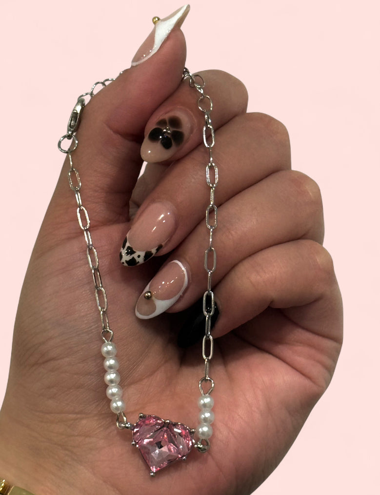 Pink Heart Pearls Silver Linked Bracelet