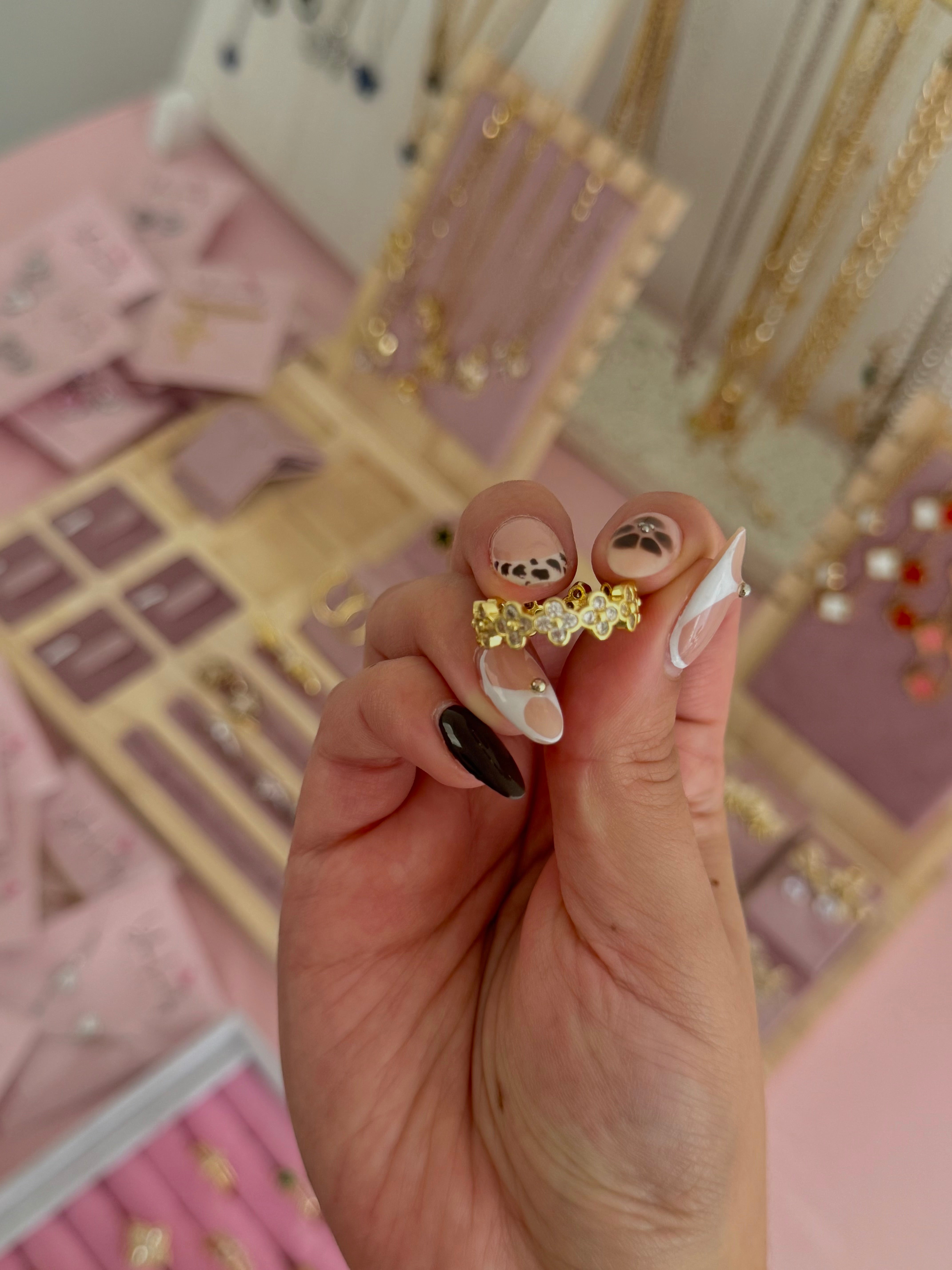 Gold Rhinestone Flower Stainless Steel Adjustable Ring