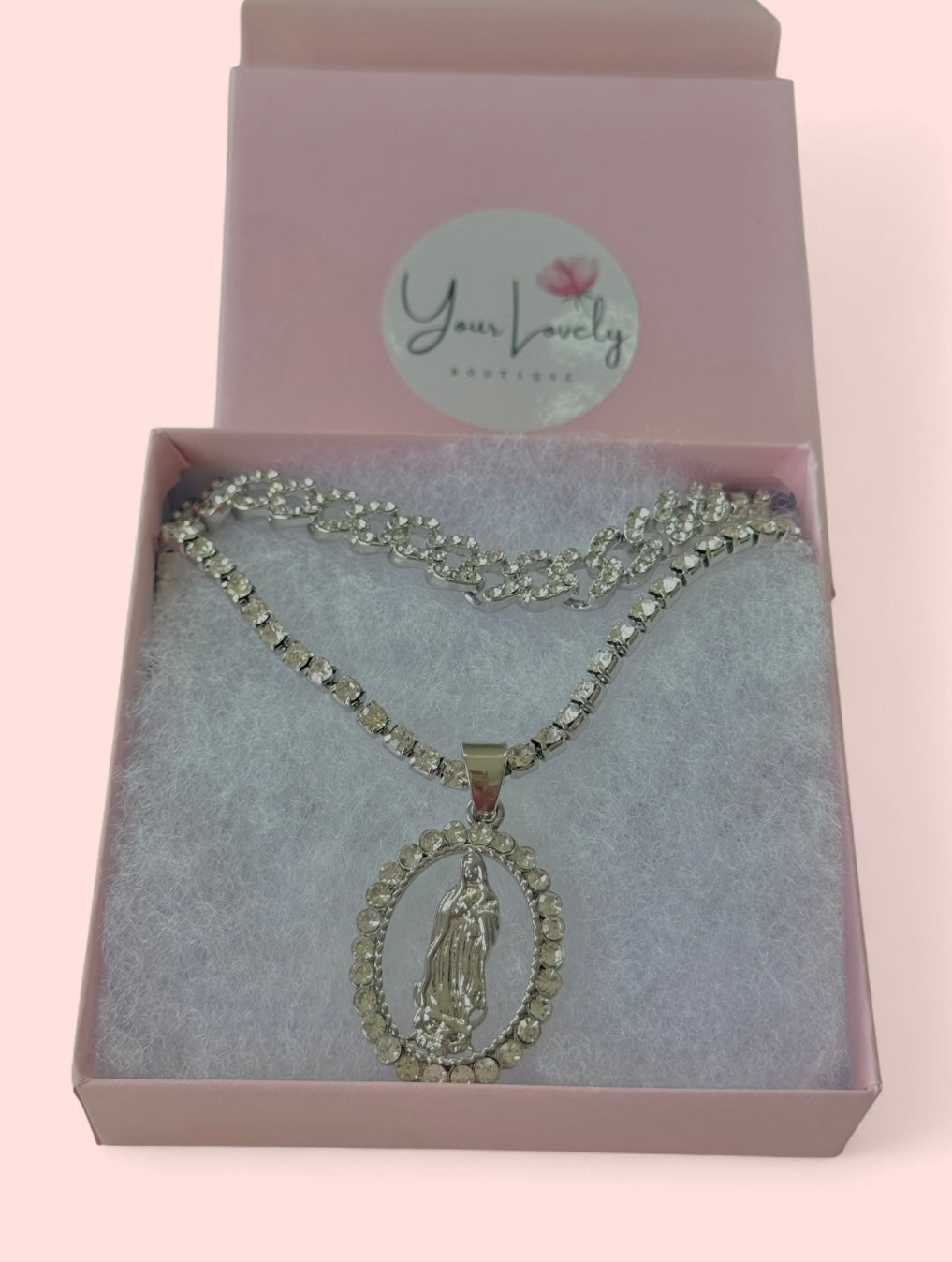 Silver Plated Virgin Mary Pendant Necklace Set with Rhinestone Choker Cuban Chain