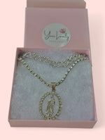 Load image into Gallery viewer, Silver Plated Virgin Mary Pendant Necklace Set with Rhinestone Choker Cuban Chain
