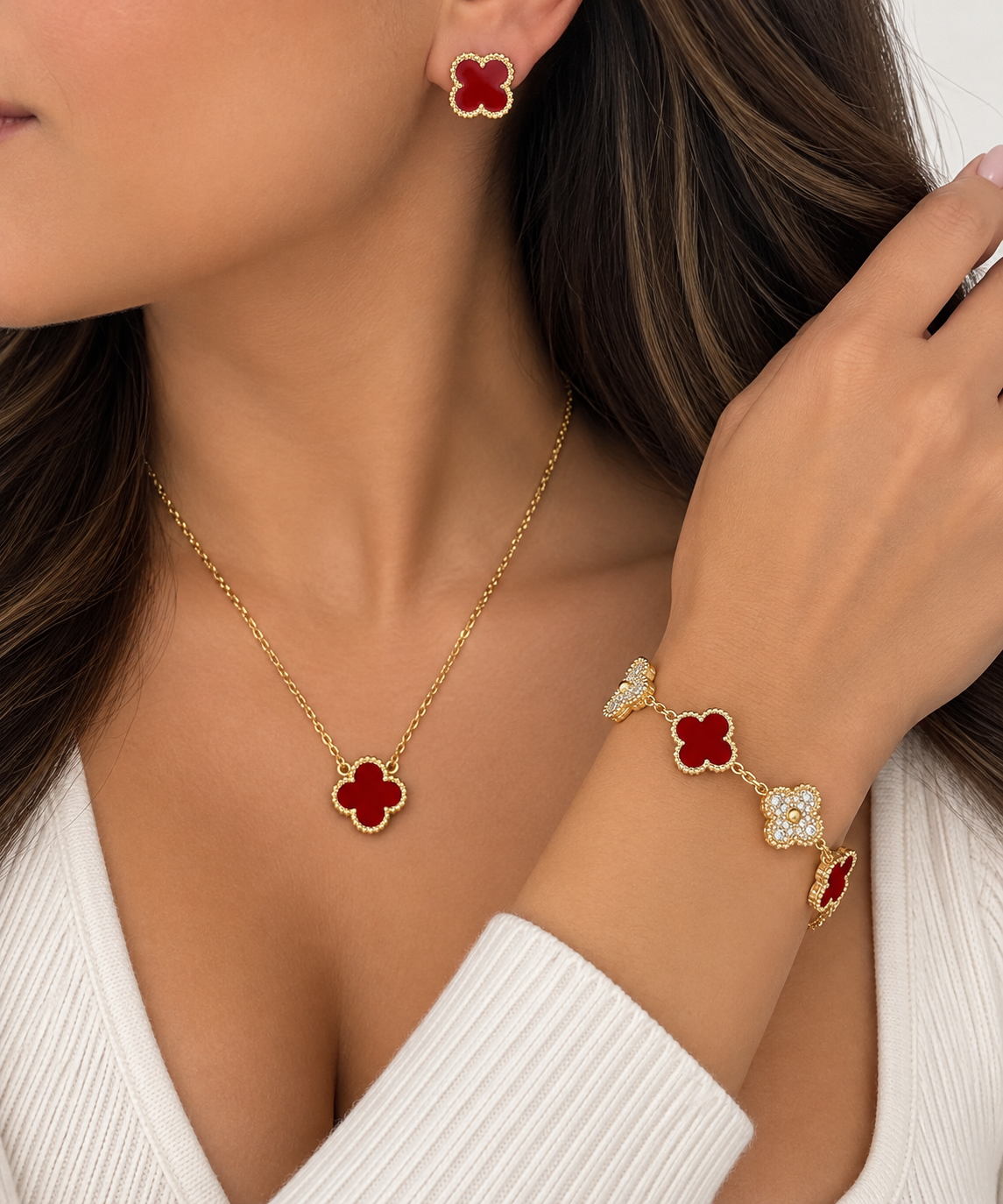 Deep Burgundy & Gold Rhinestone Clover Jewelry Set