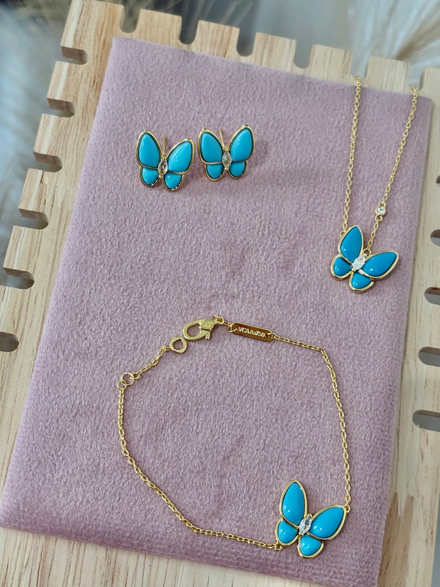 The Turquoise Gold Butterfly Rhinestone Set: Necklace, Bracelet, Earrings
