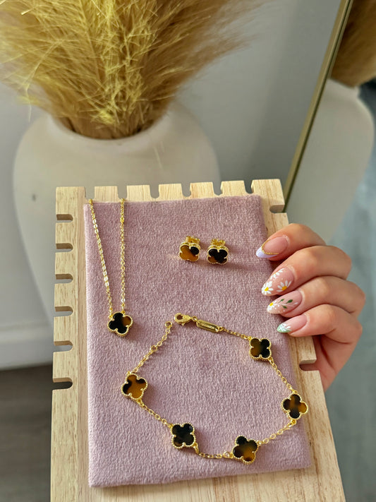 Gold Tiger Eye Mini Clover Set: Necklace, Earrings, & Bracelet with Stamps