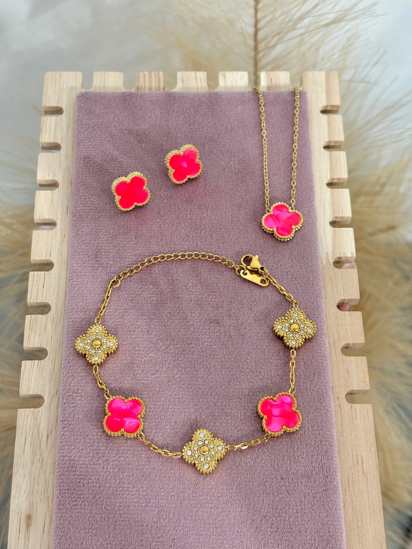 Bright Pink & Gold Clover Stainless Steel Jewelry Set: Necklace, Earrings, Bracelet