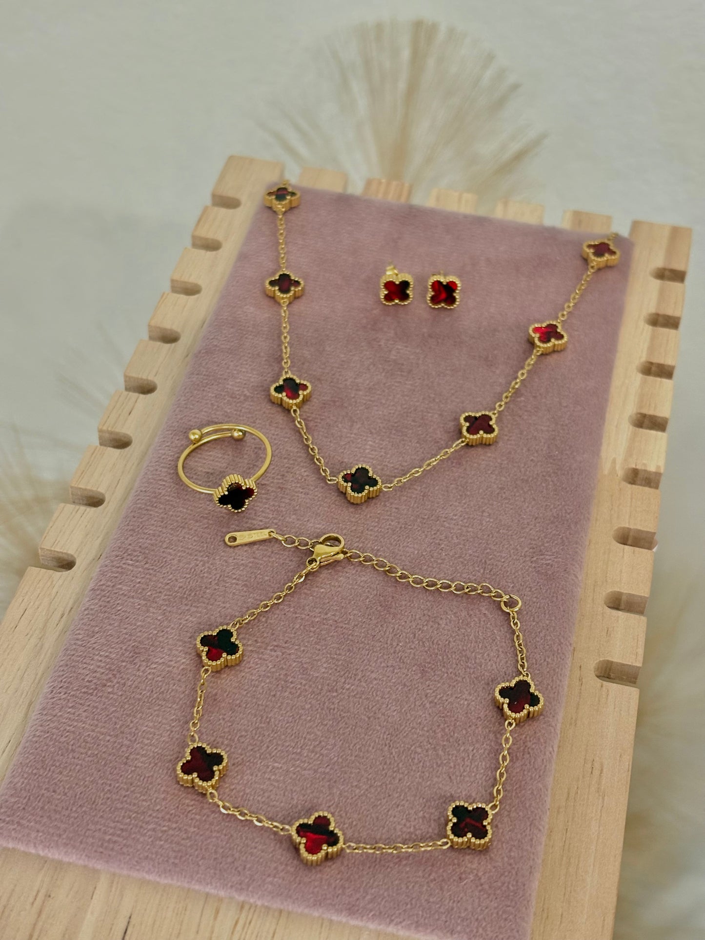 Red Baby Clover Stainless Steel Jewelry Set: Necklace, Earrings, Bracelet, Ring