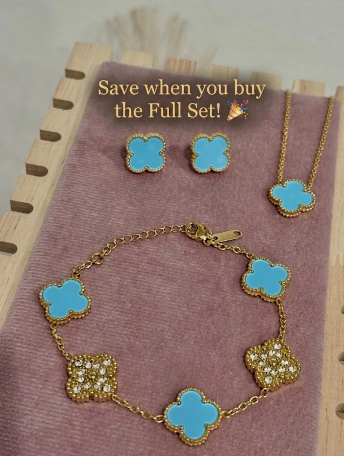 Ocean Blue Enamel & Gold Clover Stainless Steel Jewelry Set: Necklace, Earrings, Bracelet