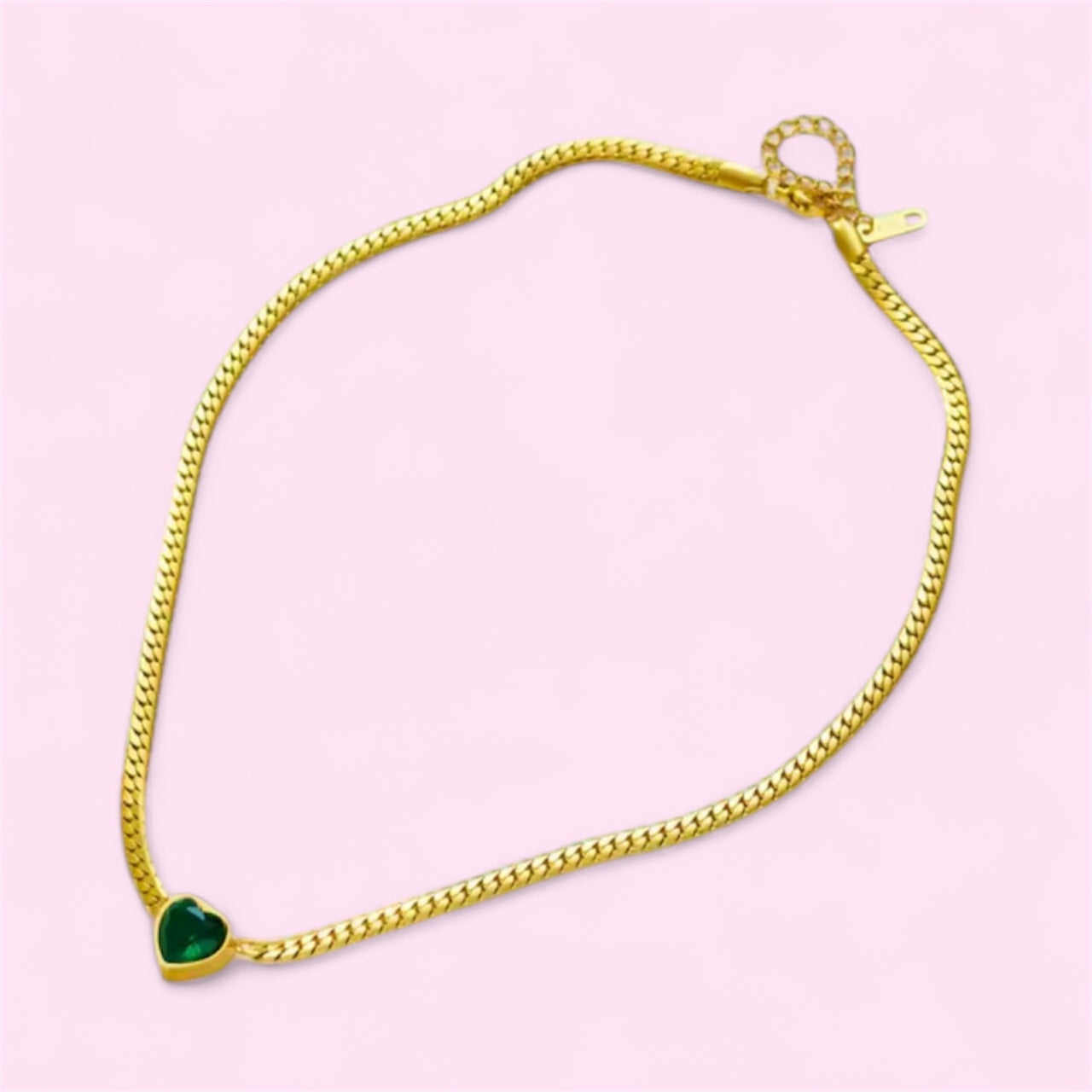 Gold Cuban Chain Heart Pendant Bracelet & Necklace in White and Green Stainless Steel