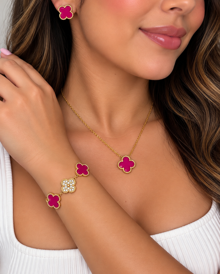Magenta & Gold Clover Stainless Steel Jewelry Set: Necklace, Earrings, Bracelet