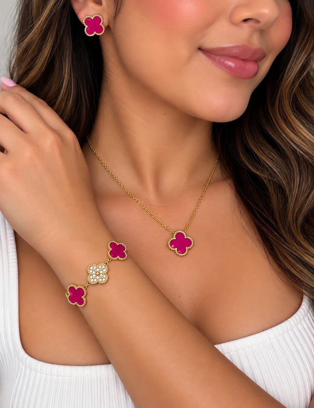 Magenta & Gold Clover Stainless Steel Jewelry Set: Necklace, Earrings, Bracelet