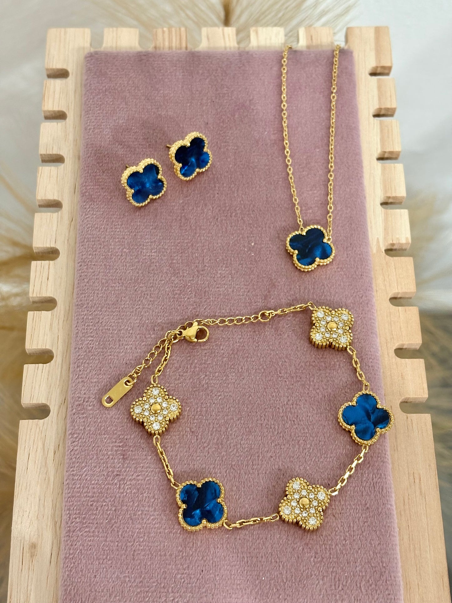 Blue & Gold Clover Stainless Steel Jewelry Set: Necklace, Earrings, Bracelet