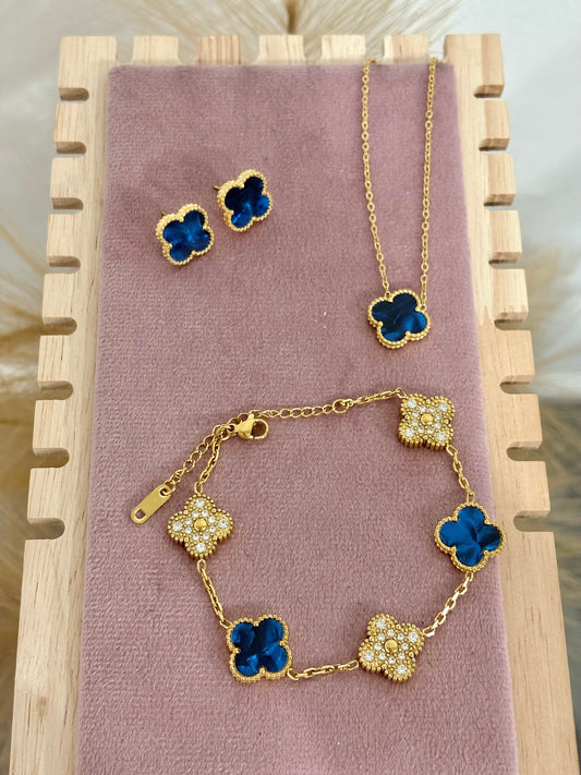 Blue & Gold Clover Stainless Steel Jewelry Set: Necklace, Earrings, Bracelet