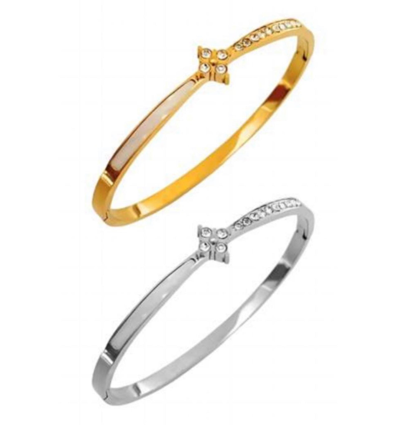 Clover Zirconia Bangle Stainless Steel Bracelet: Gold & Silver