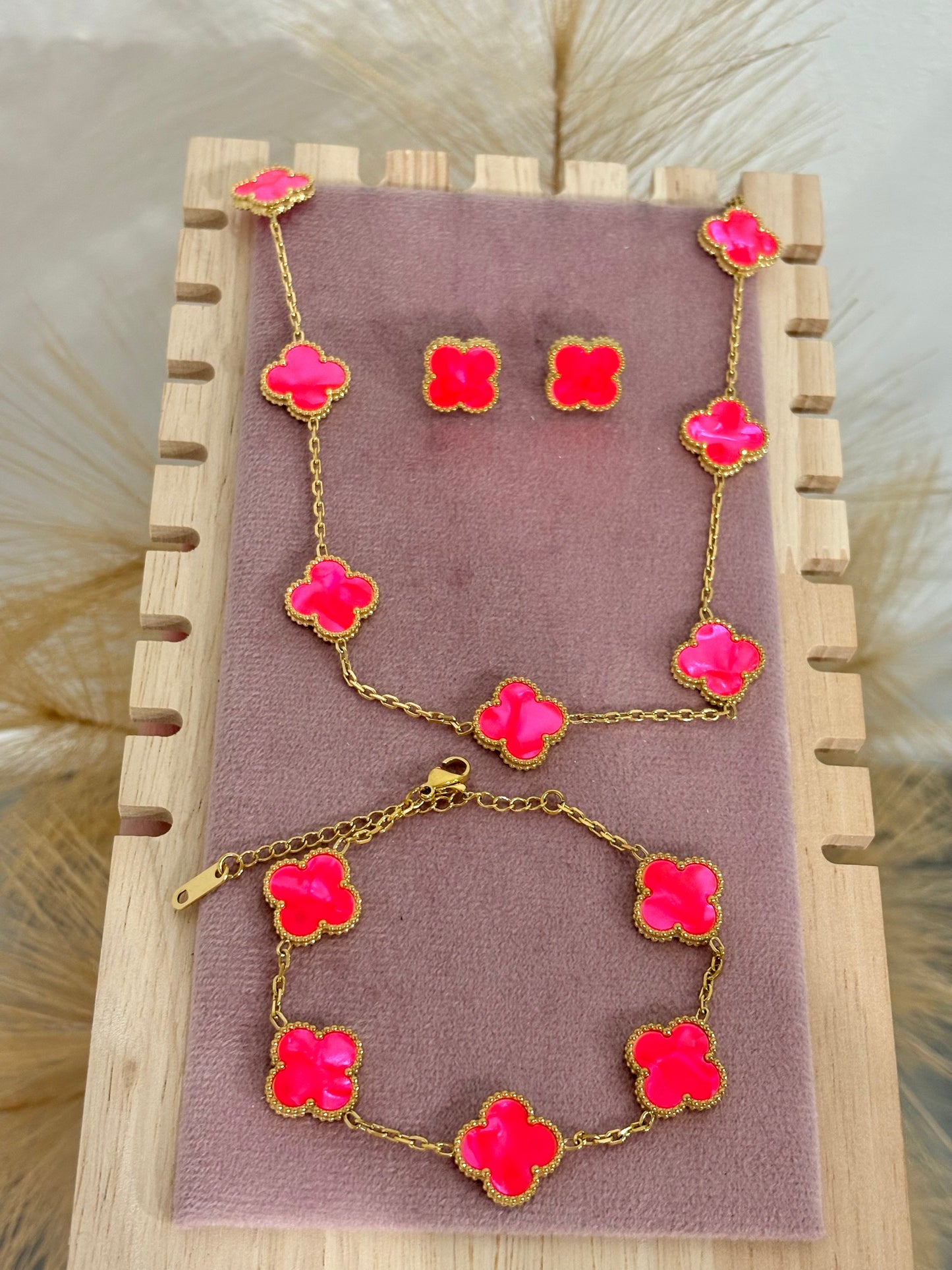 Bright Pink & Gold 10 Clover Stainless Steel Jewelry Set: Necklace, Earrings, Bracelet