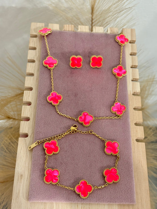 Bright Pink & Gold 10 Clover Stainless Steel Jewelry Set: Necklace, Earrings, Bracelet