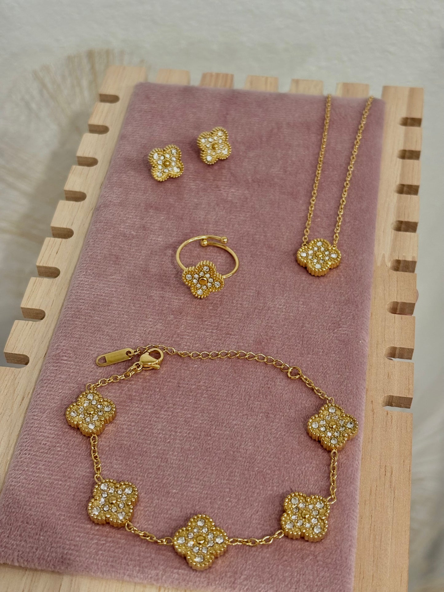 Gold Rhinestone Clover Stainless Steel Jewelry Set: Necklace, Earrings, Bracelet, Ring
