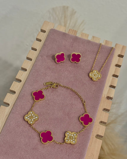Magenta & Gold Clover Stainless Steel Jewelry Set: Necklace, Earrings, Bracelet