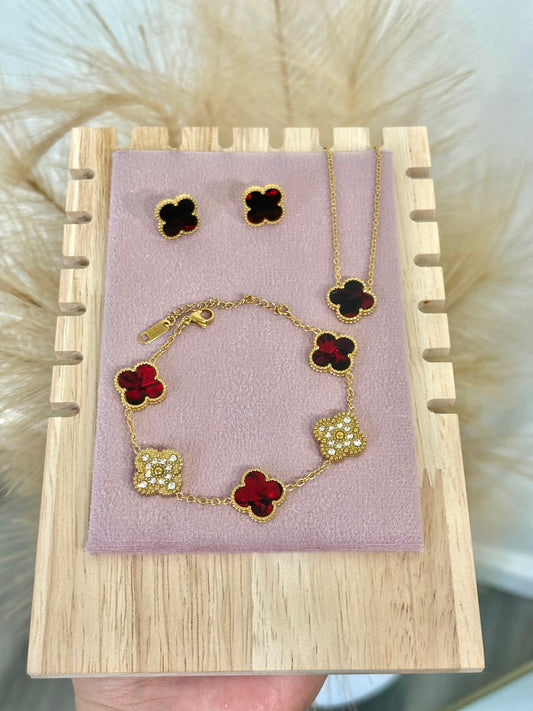 Red & Gold Clover Stainless Steel Jewelry Set: Necklace, Earrings, Bracelet
